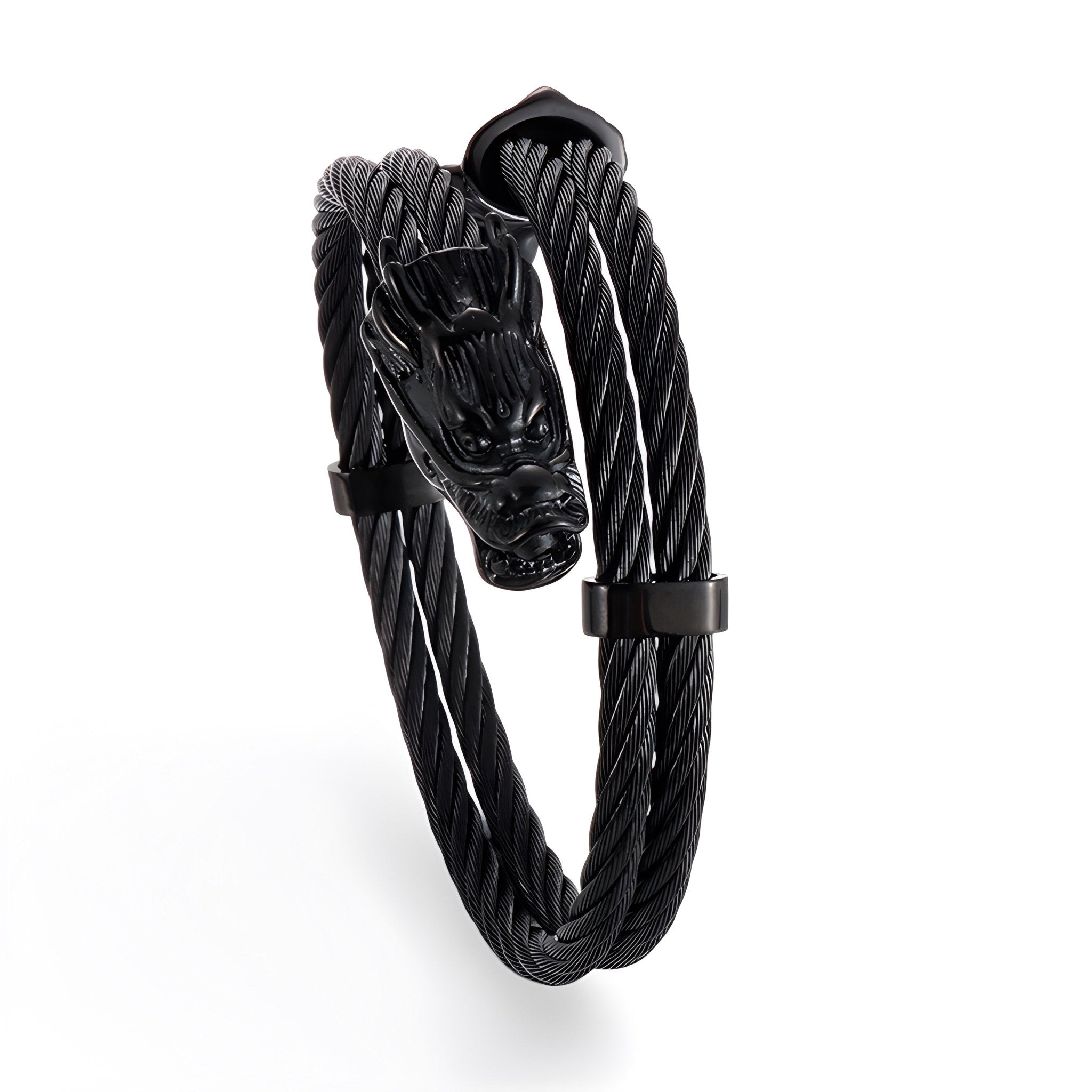 Bracelet jonc noir en acier inoxydable pour homme, tête de dragon sculptée, style torsadé.