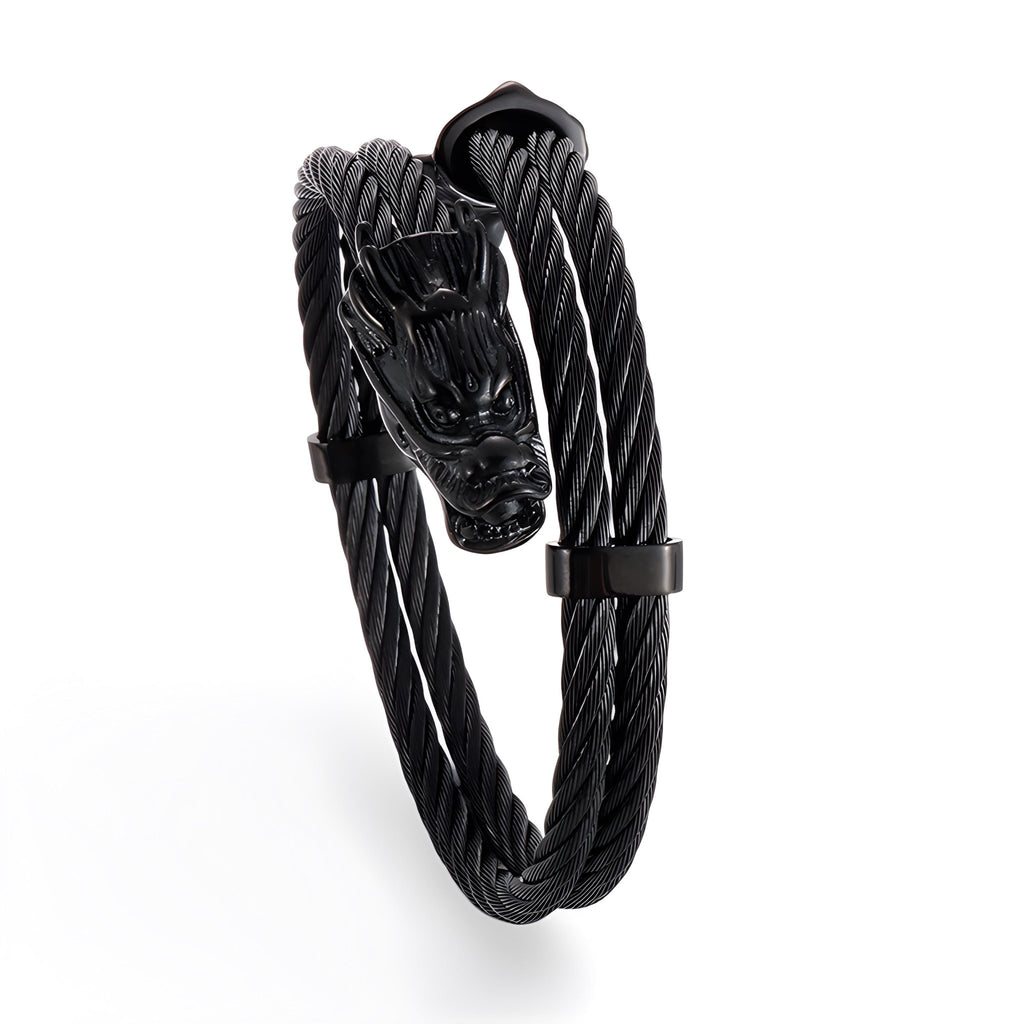 Bracelet jonc noir en acier inoxydable pour homme, tête de dragon sculptée, style torsadé.