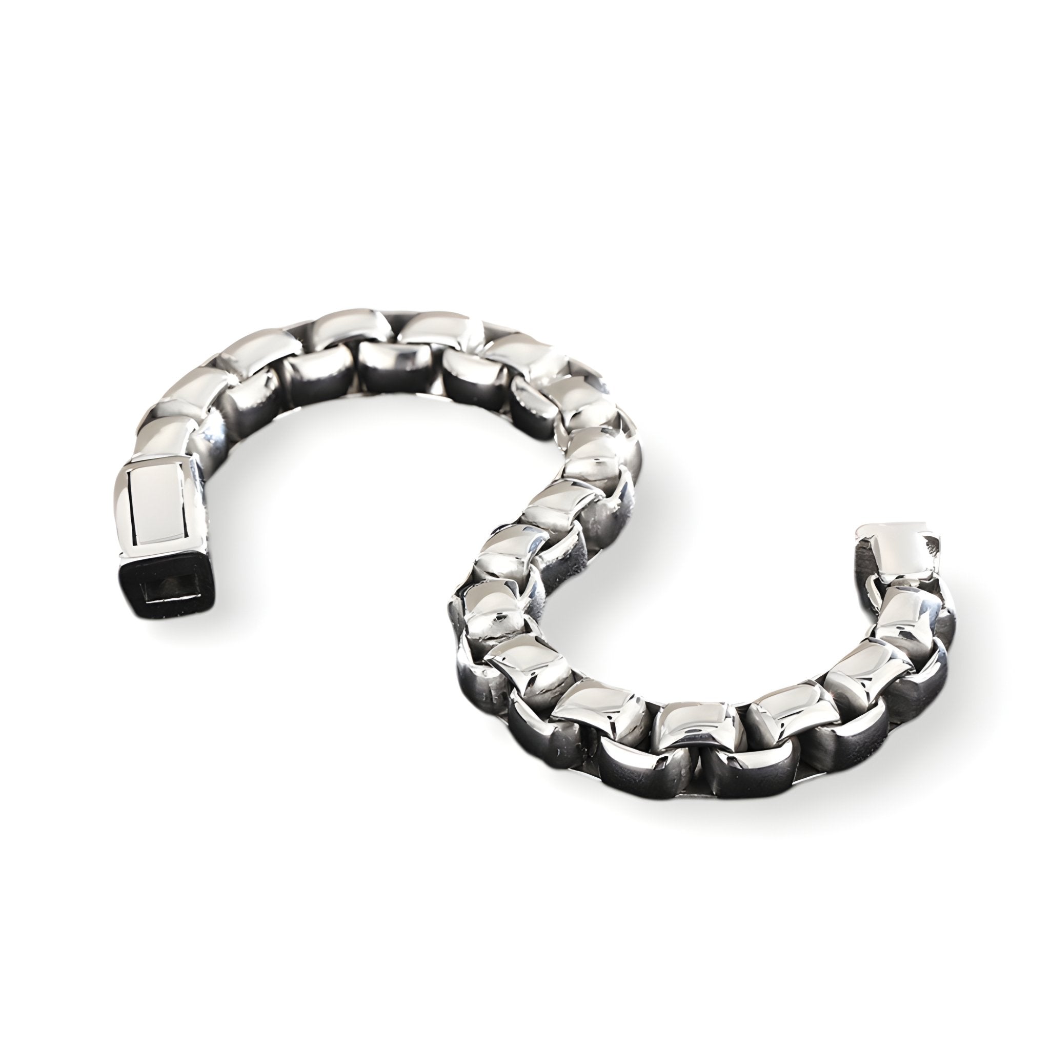Bracelet homme en acier inoxydable argenté, maille vénitienne épaisse, fermoir rectangulaire noir.
