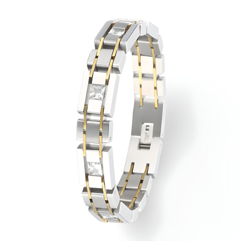 Bracelet homme acier inoxydable argenté à maillons rectangulaires avec strass et détails dorés.