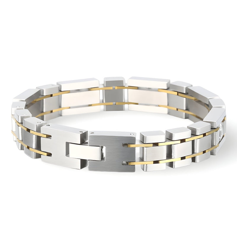 Bracelet homme en acier inoxydable argenté avec lignes dorées et strass intégrés, modèle David.