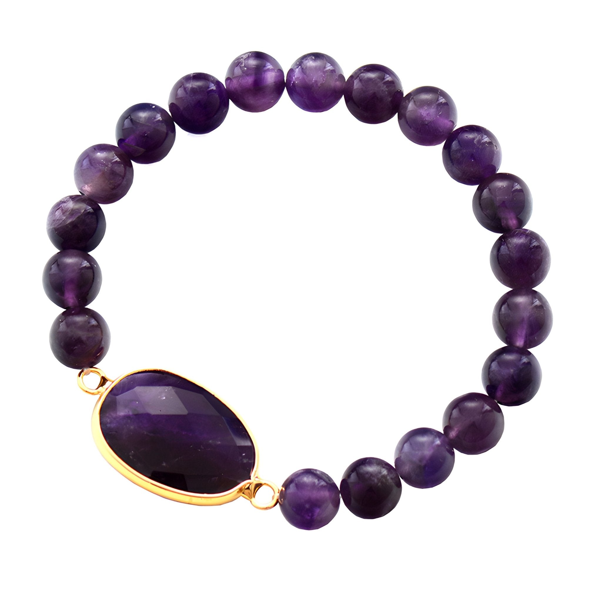 Bracelet femme perles améthyste violettes avec pierre ovale facettée sertie or.