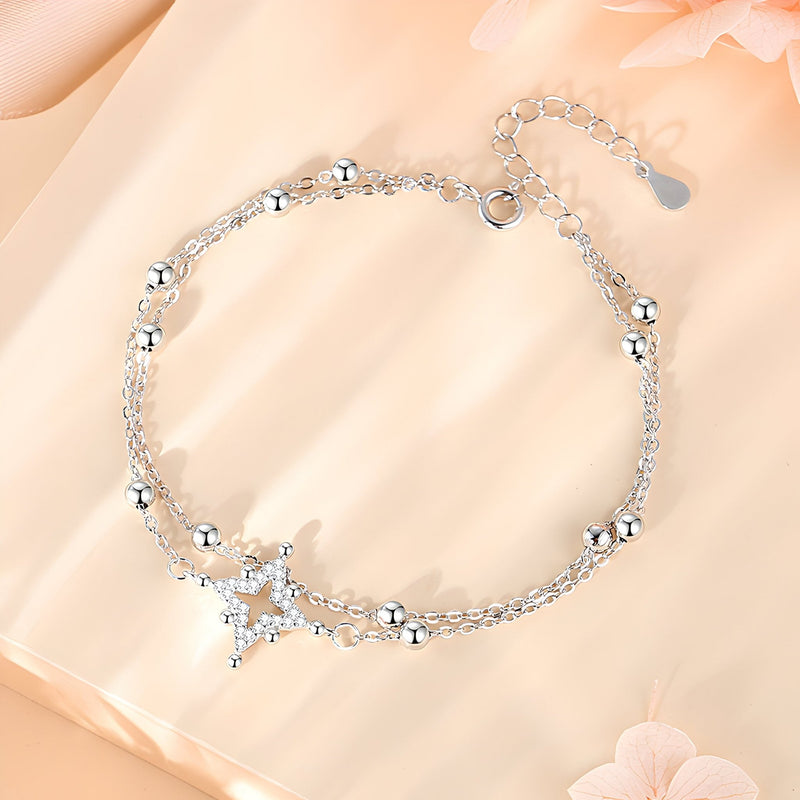 Bracelet en argent sterling à double chaîne avec étoiles et perles brillantes, modèle Maud.