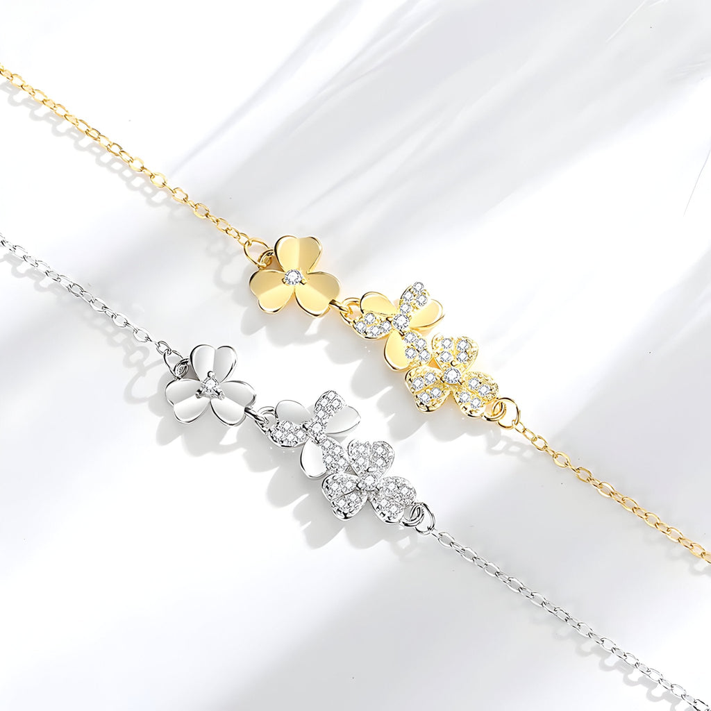 Bracelet fin en argent sterling avec pendentifs trèfle à trois feuilles et pierres scintillantes, style Lina.