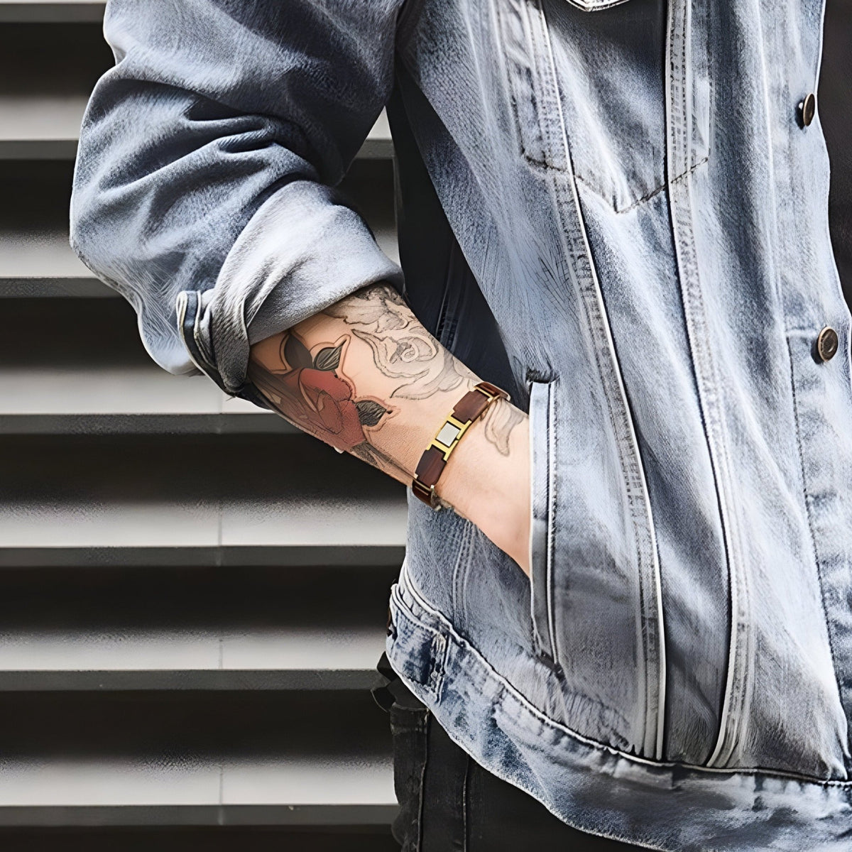 Bracelet en bois d'acajou marron avec détails argent portés sur poignet tatoué, style décontracté.