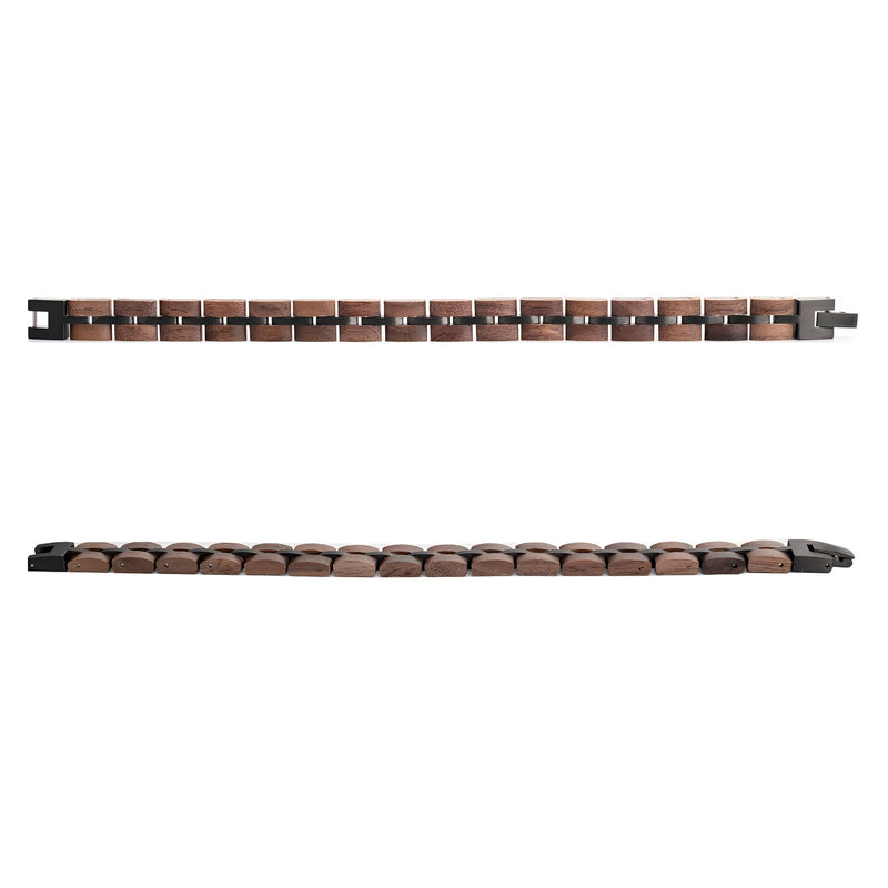 Bracelet homme en bois de noyer marron avec maillons rectangulaires et fermoir métallique noir.