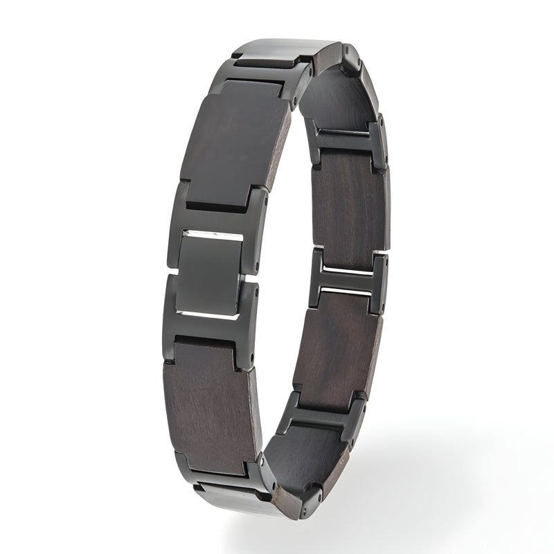 Bracelet homme en bois d'ébène et acier noir aux maillons rectangulaires élégants.