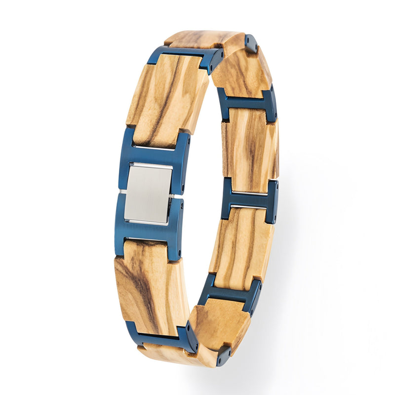 Bracelet homme en bois d'olivier beige et métal bleu avec fermoir rectangulaire argenté.