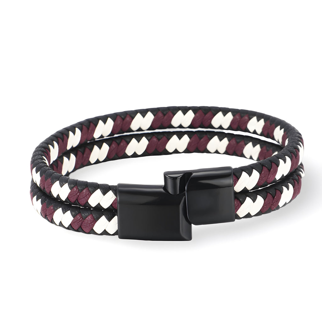 Bracelet en cuir tressé rouge, blanc et noir, fermoir noir mat, modèle double tour.