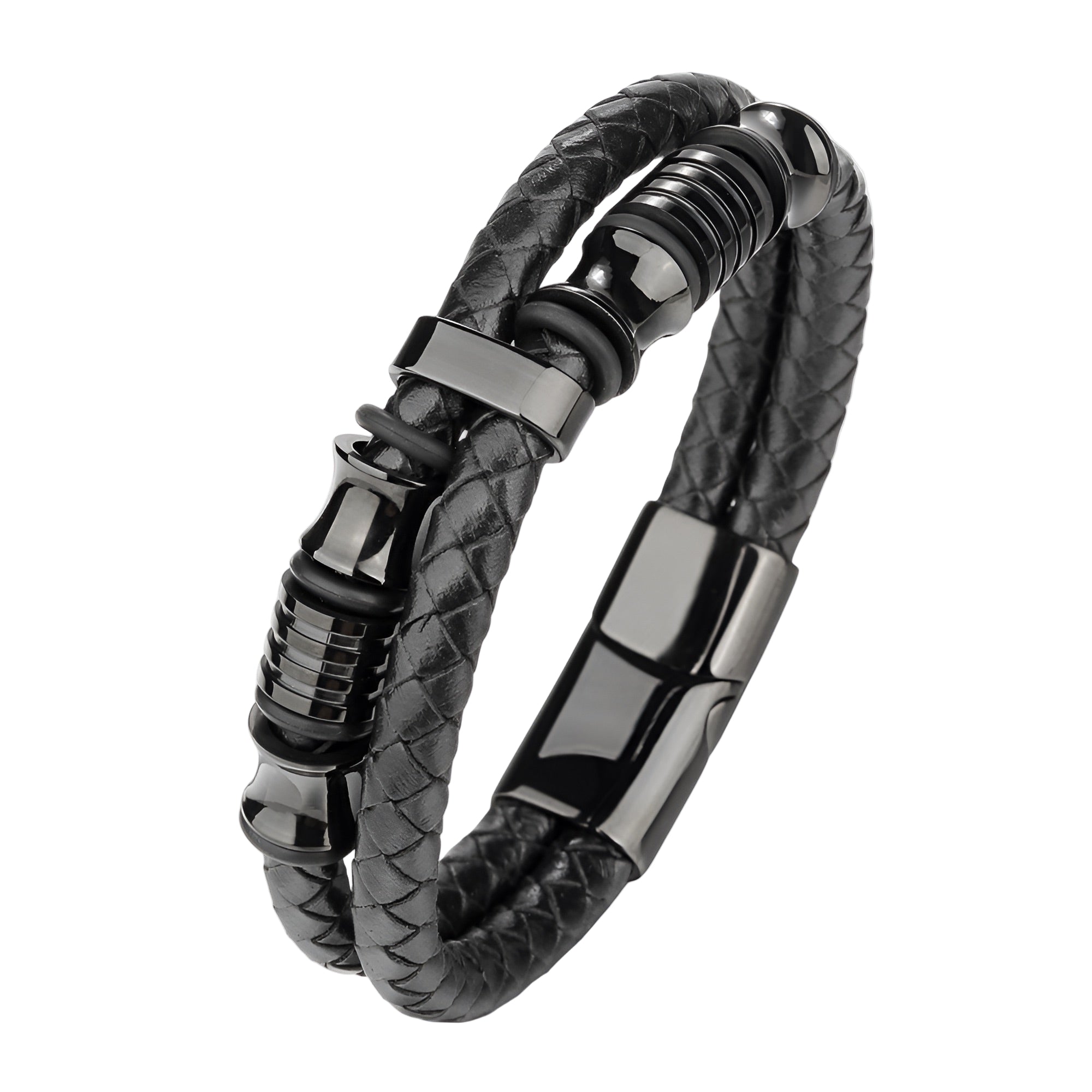 Bracelet homme en cuir tressé noir avec détails en acier noir et fermoir magnétique.
