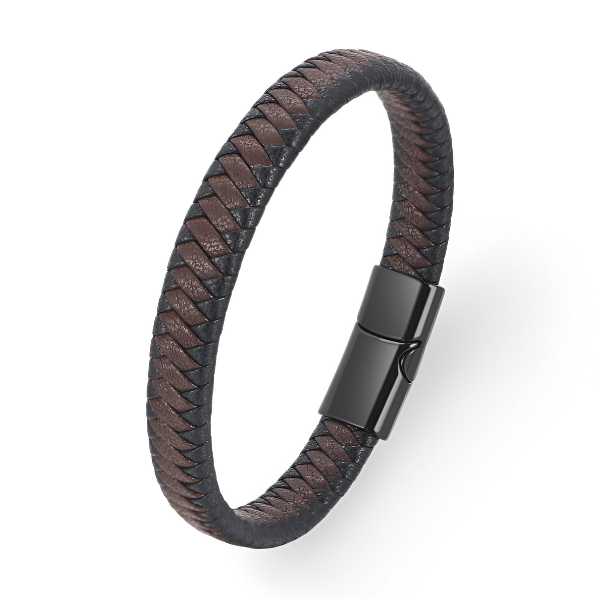 Bracelet en cuir tressé bi-colore marron et noir avec fermoir magnétique noir mat.