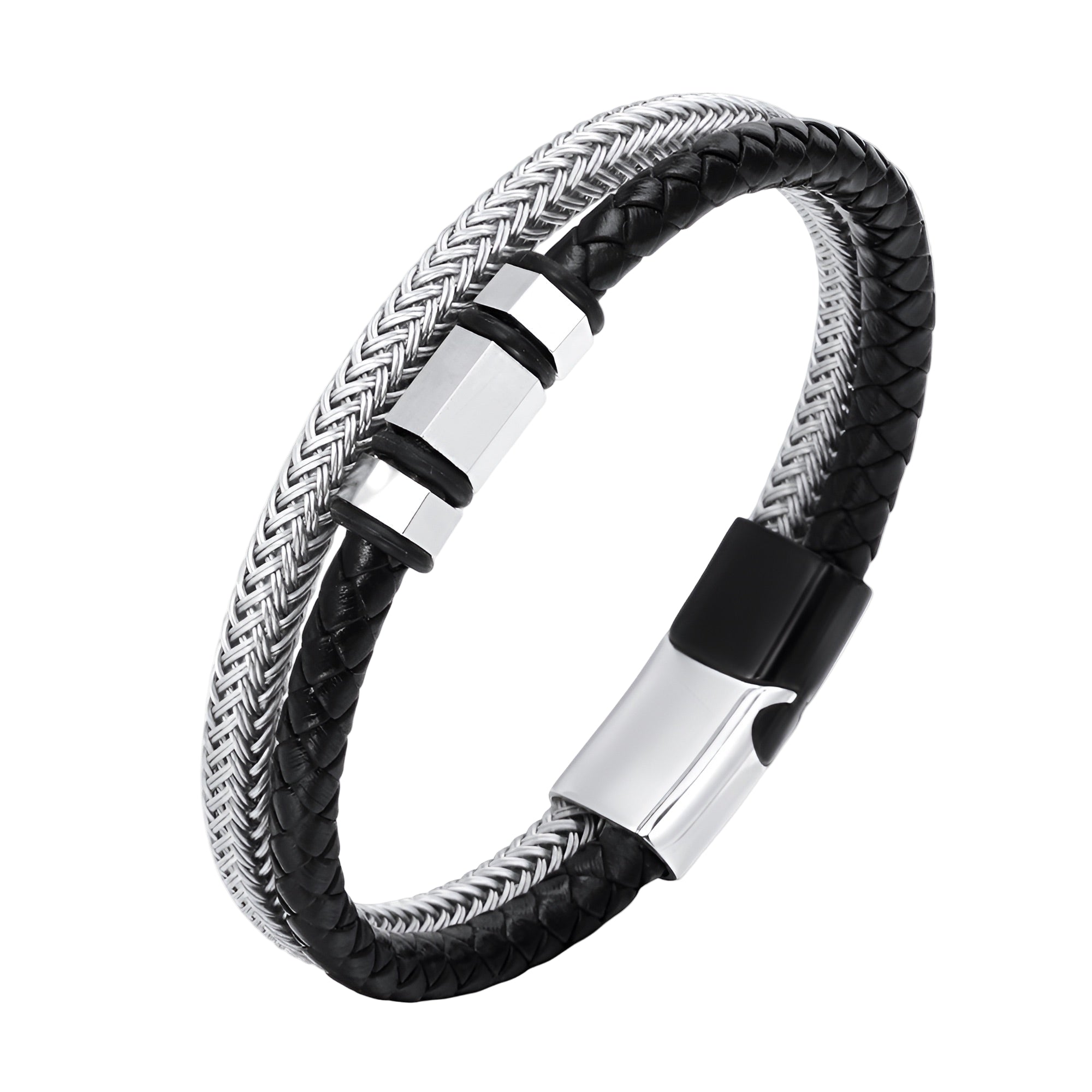 Bracelet homme en cuir noir tressé avec motifs métalliques argentés et fermoir inox poli.