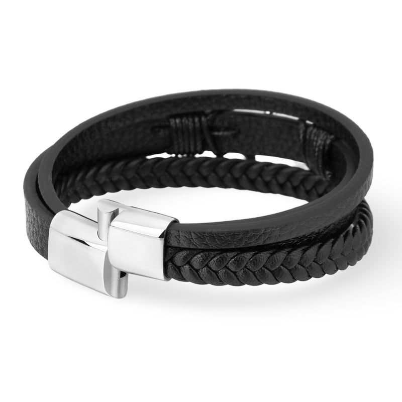 Bracelet en cuir noir tressé et lisse avec motif ancre marine en métal argenté, modèle Martin.