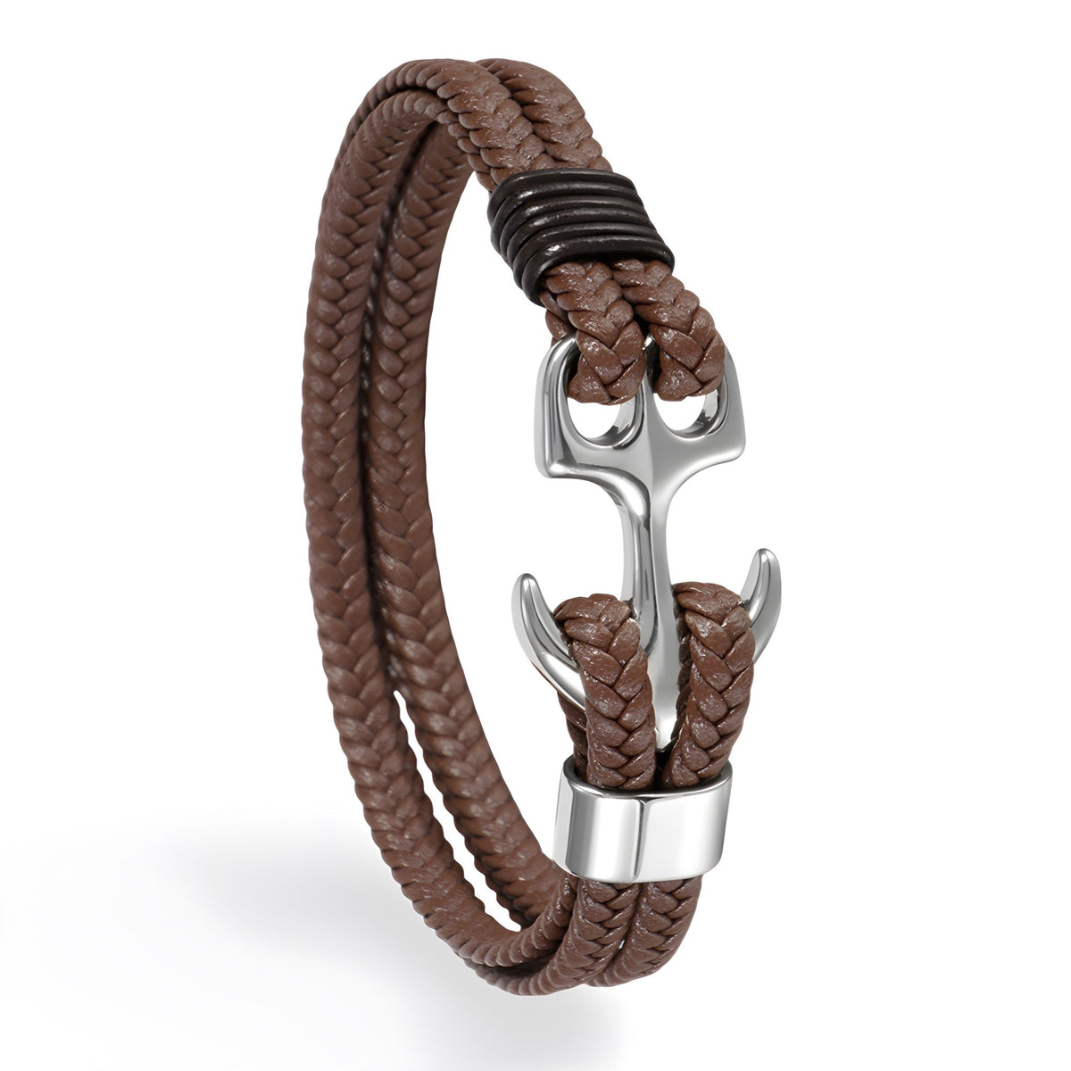 Bracelet tressé marron avec ancre en métal argenté, style marin et fermeture ajustable.