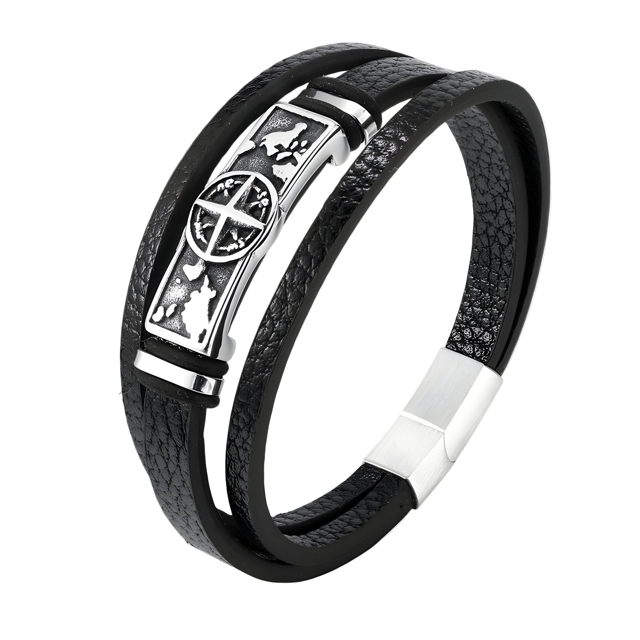 Bracelet en cuir noir double tour avec motif boussole en métal argenté et fermoir aimanté.