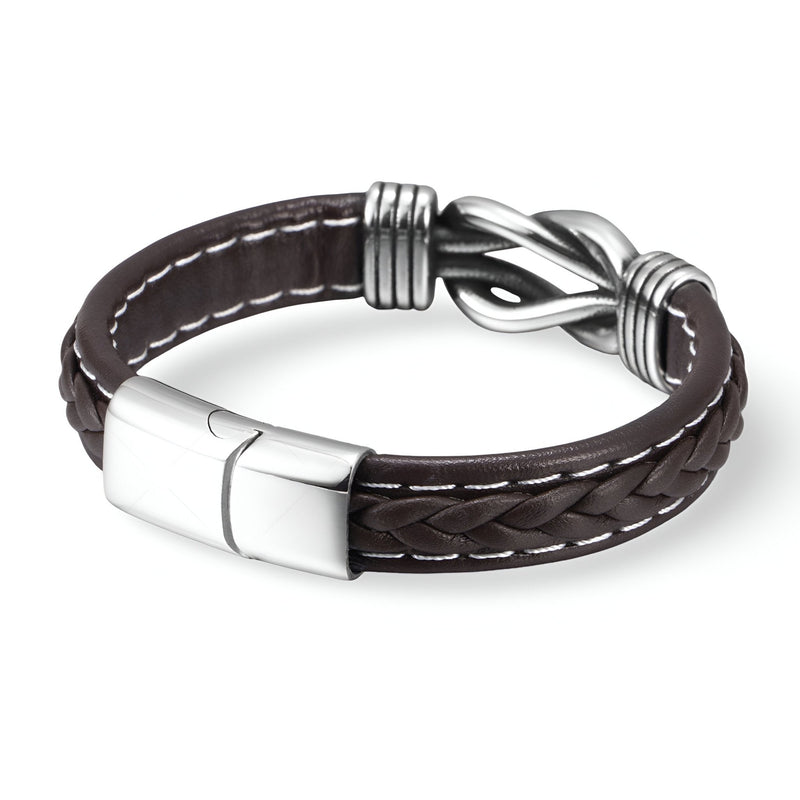 Bracelet en cuir marron tressé avec fermoir et nœud en acier inoxydable, modèle Sébastien.