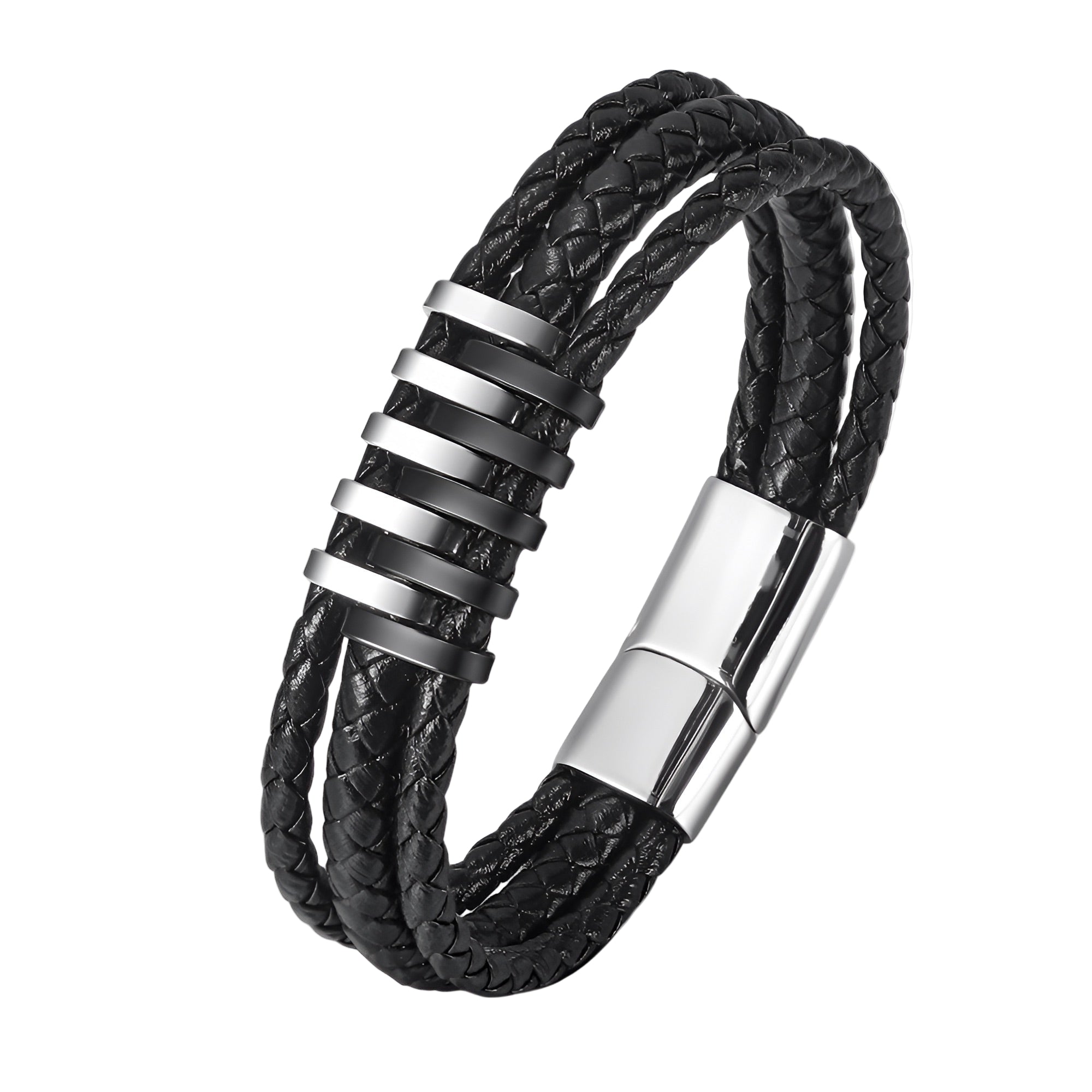 Bracelet en cuir noir tressé à double tour avec motifs métalliques argentés et fermoir magnétique barrette.