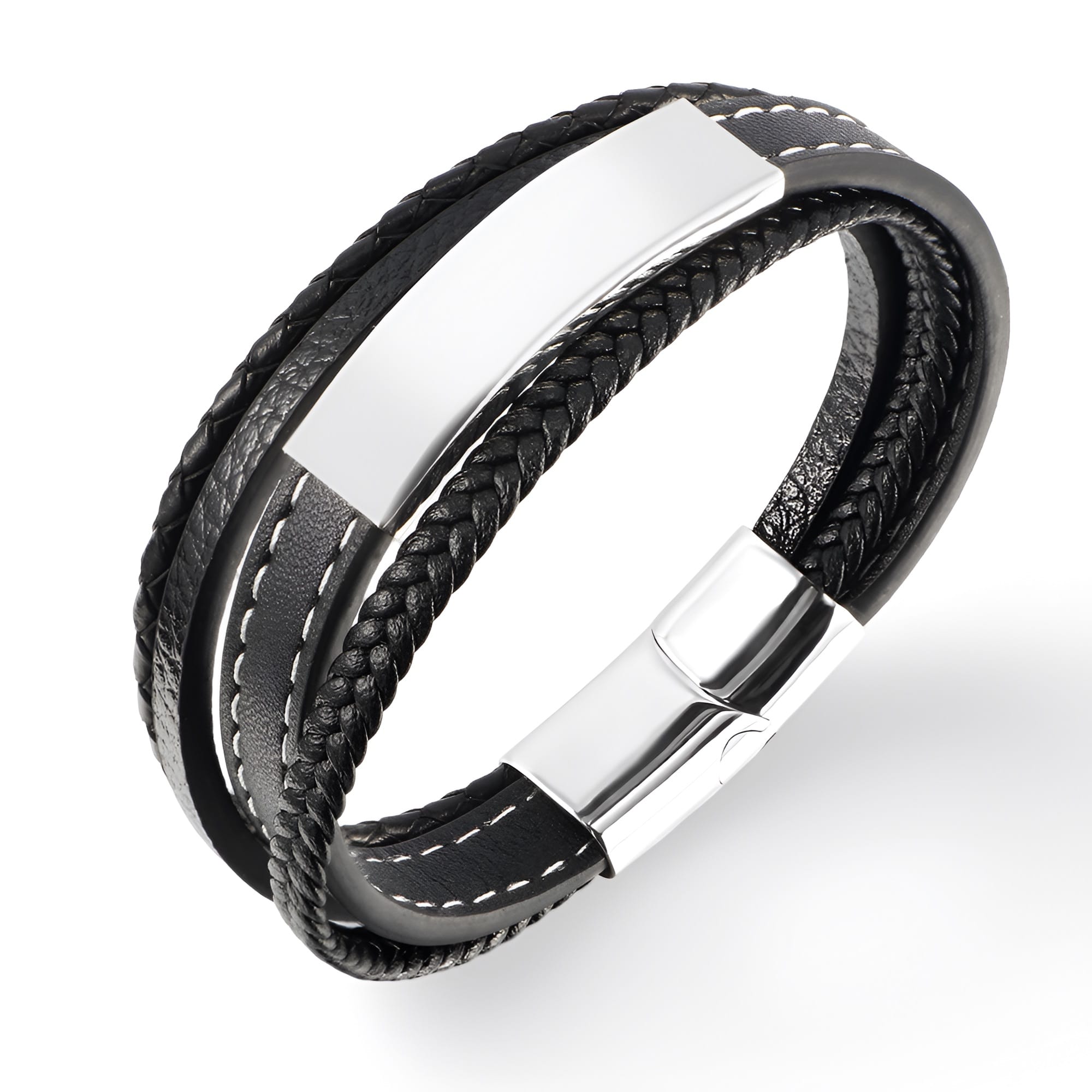Bracelet multi-rangs en cuir noir avec plaque argentée et fermoir métallique brillant.