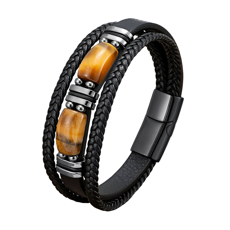 Bracelet multi-rangs homme en cuir noir tressé avec pierres œil de tigre et fermoir magnétique acier noir mat.