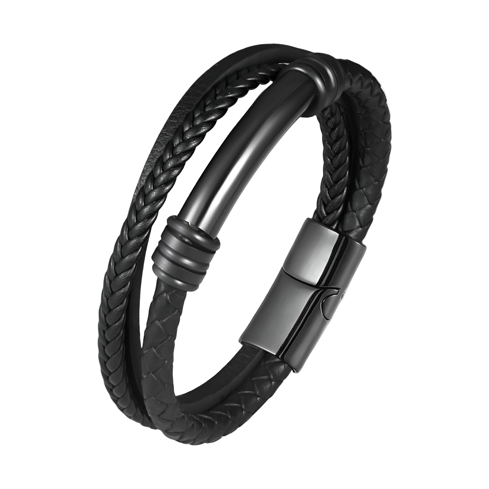 Bracelet homme noir en cuir tressé avec fermoir magnétique métallique mat.
