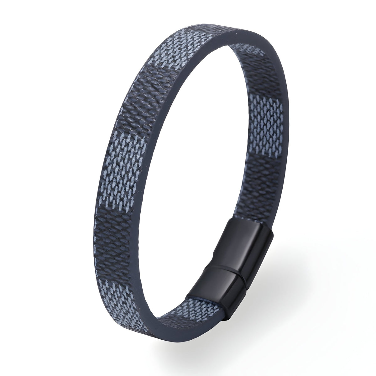 Bracelet homme en cuir bleu avec motif tissé géométrique et fermoir magnétique noir mat.