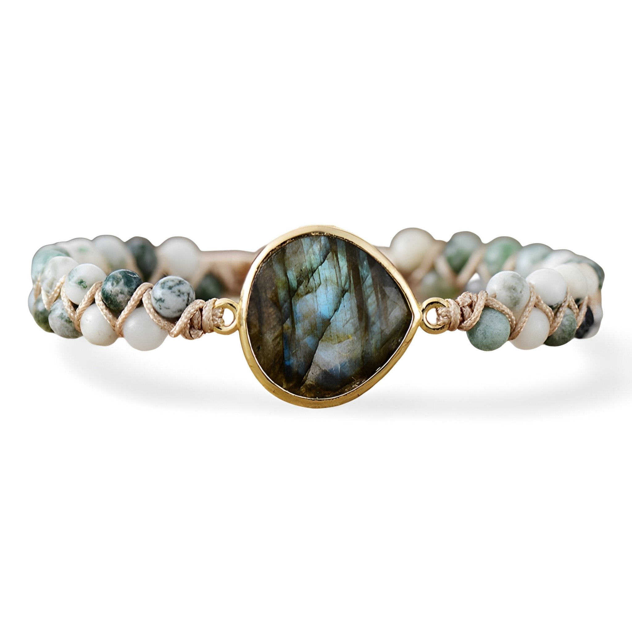 Bracelet femme multi-rangs avec pierres naturelles bleu-gris et blanche, pendentif labradorite serti or.