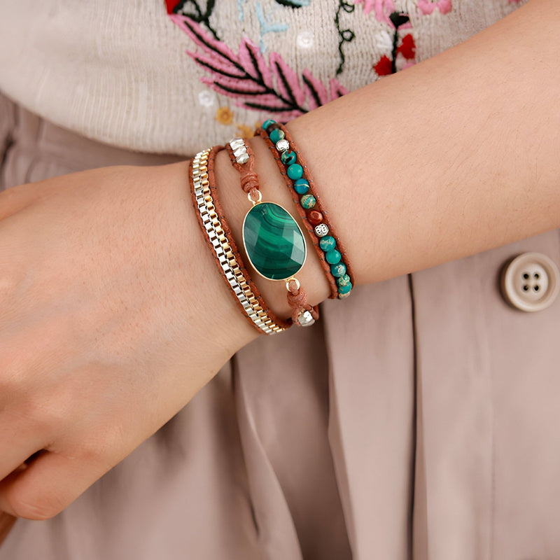 Pulsera de malaquita y piedras de jaspe para mujer, modelo Hazel