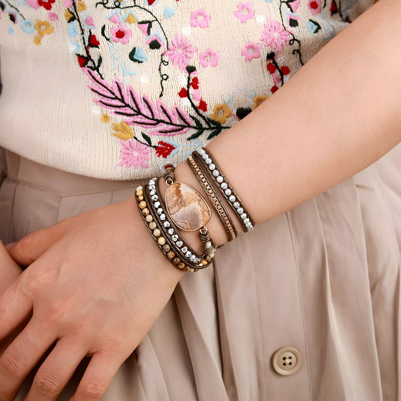 Pulsera de ojo de tigre y piedras de jaspe para mujer, multihilera, modelo Ivy