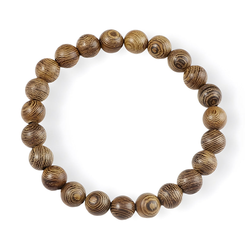 Bracelet homme en perles de bois marron avec motifs naturels et finition lisse.