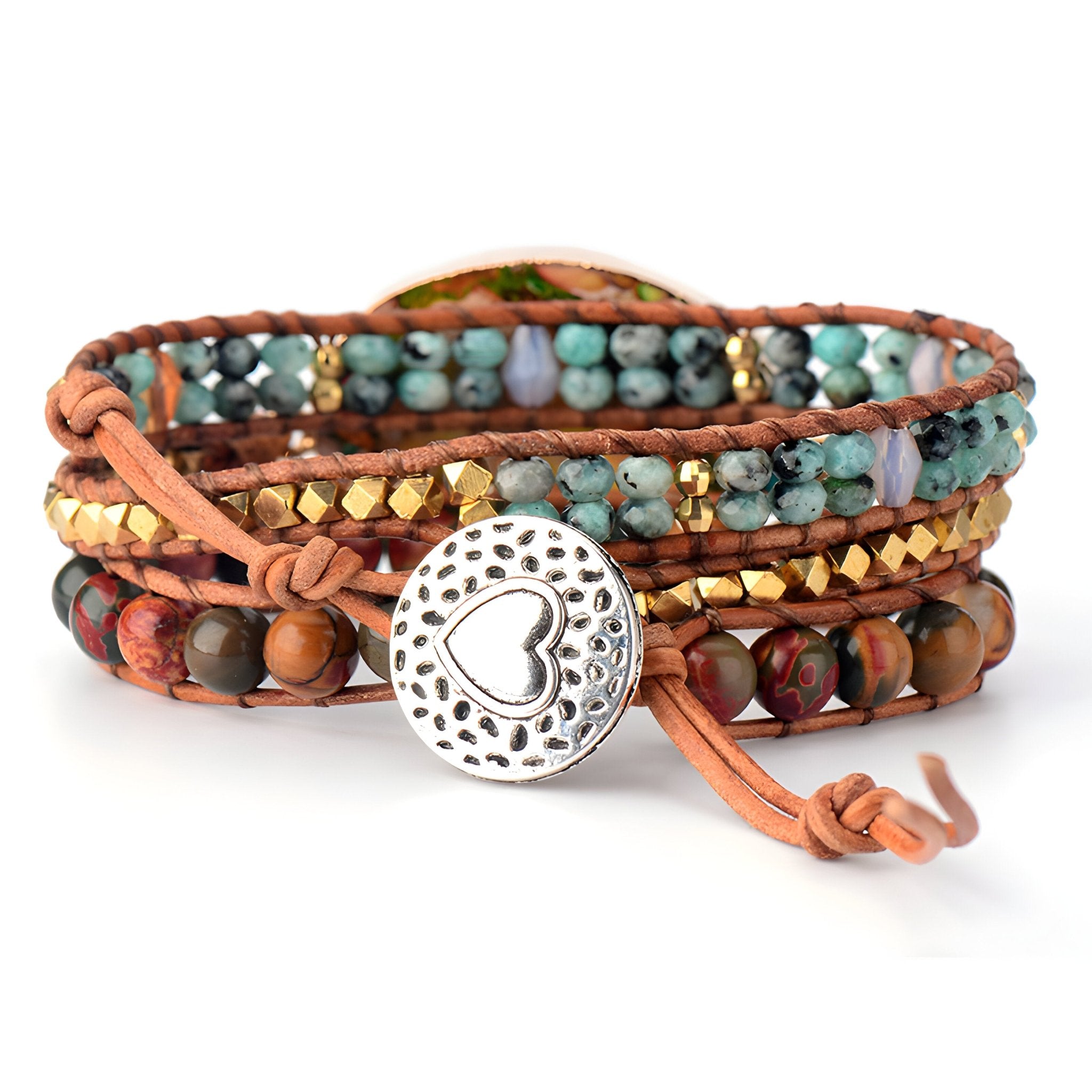 Bracelet multi-rangs femme en pierres naturelles multicolores, fermoir rond argenté à cœur.