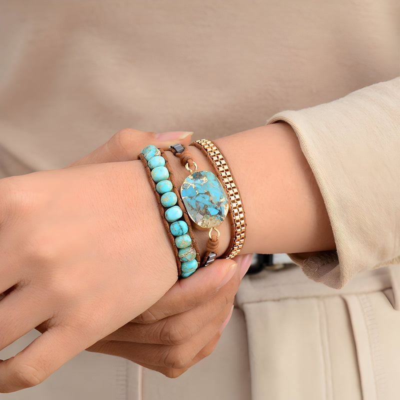 Pulsera de piedras de turquesa y jaspe para mujer, multihilo, modelo Julia