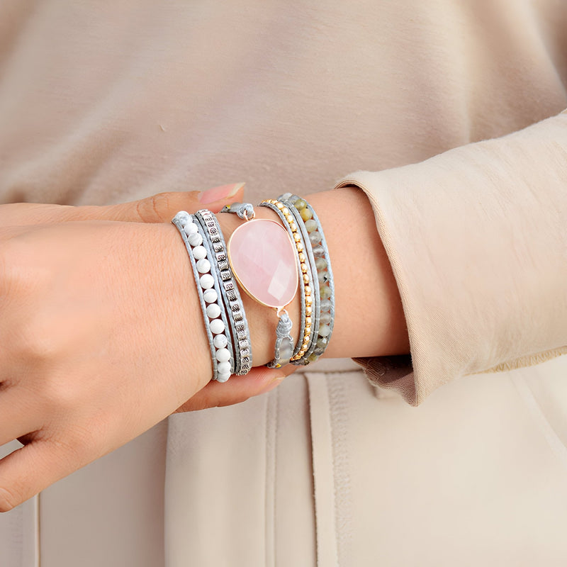 Pulsera de cuarzo rosa y labradorita para mujer, modelo Beth