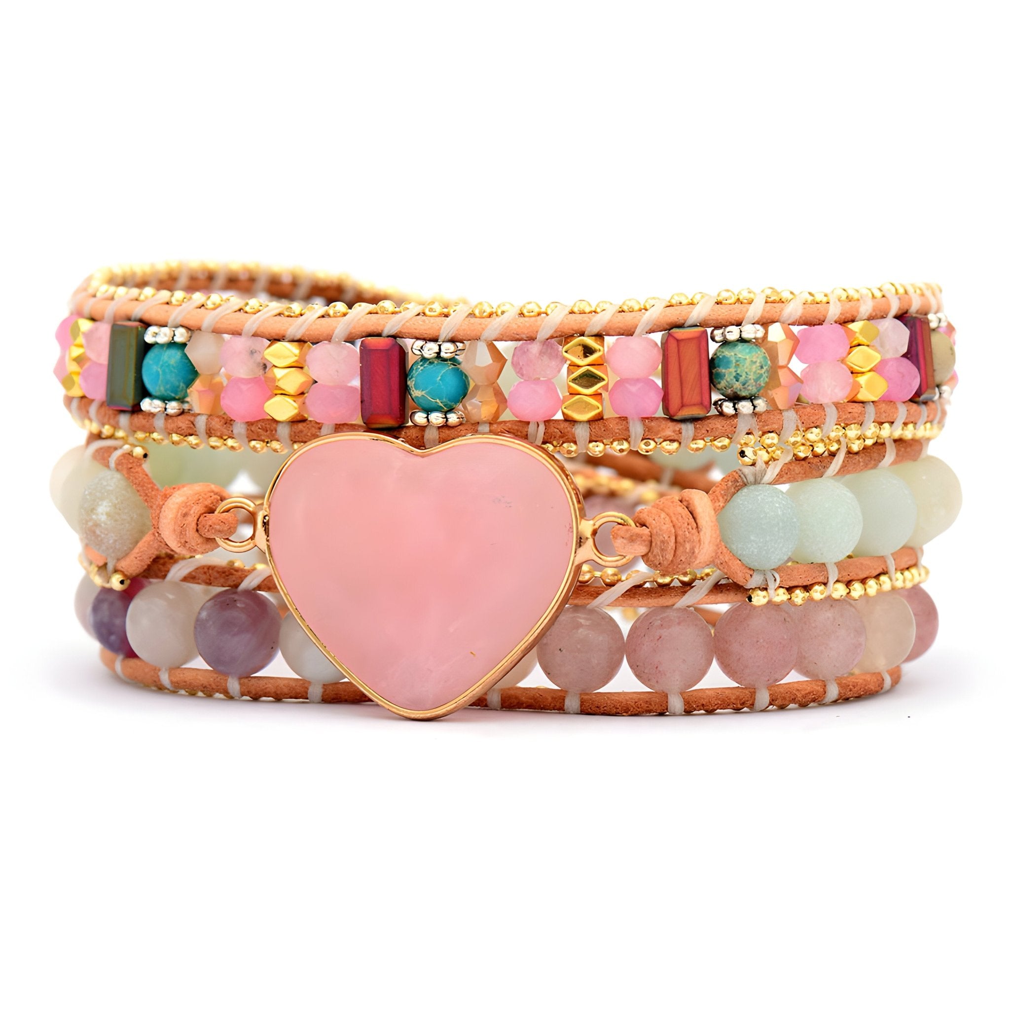 Bracelet multi-rangs en pierres naturelles rose et jaspe, cœur rose central en quartz, modèle Lexi.