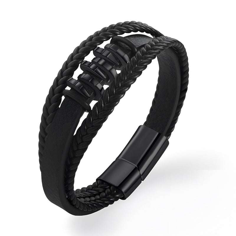 Bracelet homme multi-rangs en cuir noir avec motif ondulations et fermoir magnétique noir mat.
