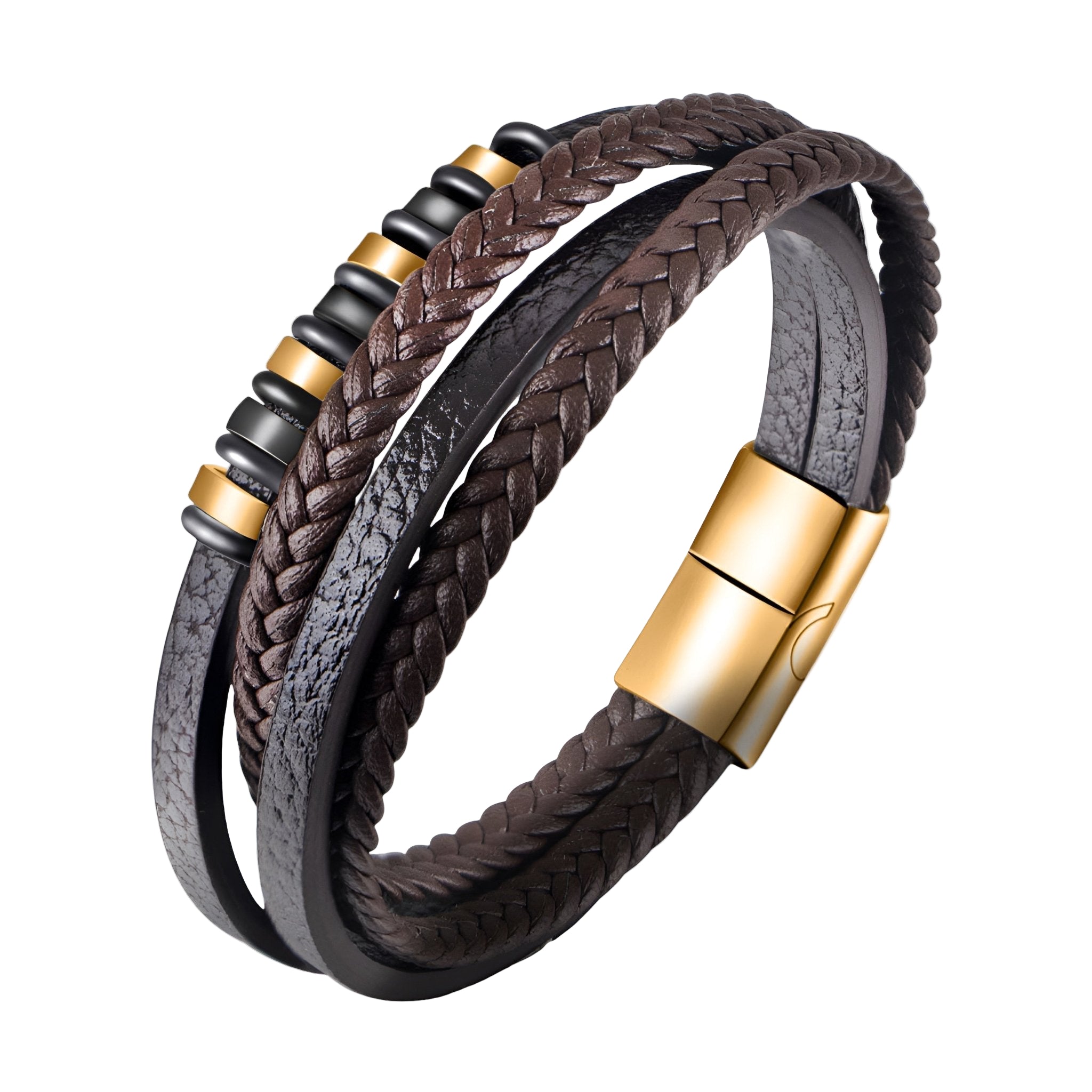 Bracelet multi-rangs marron en cuir tressé avec perles dorées et acier inoxydable, fermoir magnétique doré.