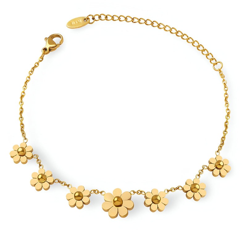 Bracelet en titane plaqué or 18 carats avec fleurs délicates et chaîne fine.