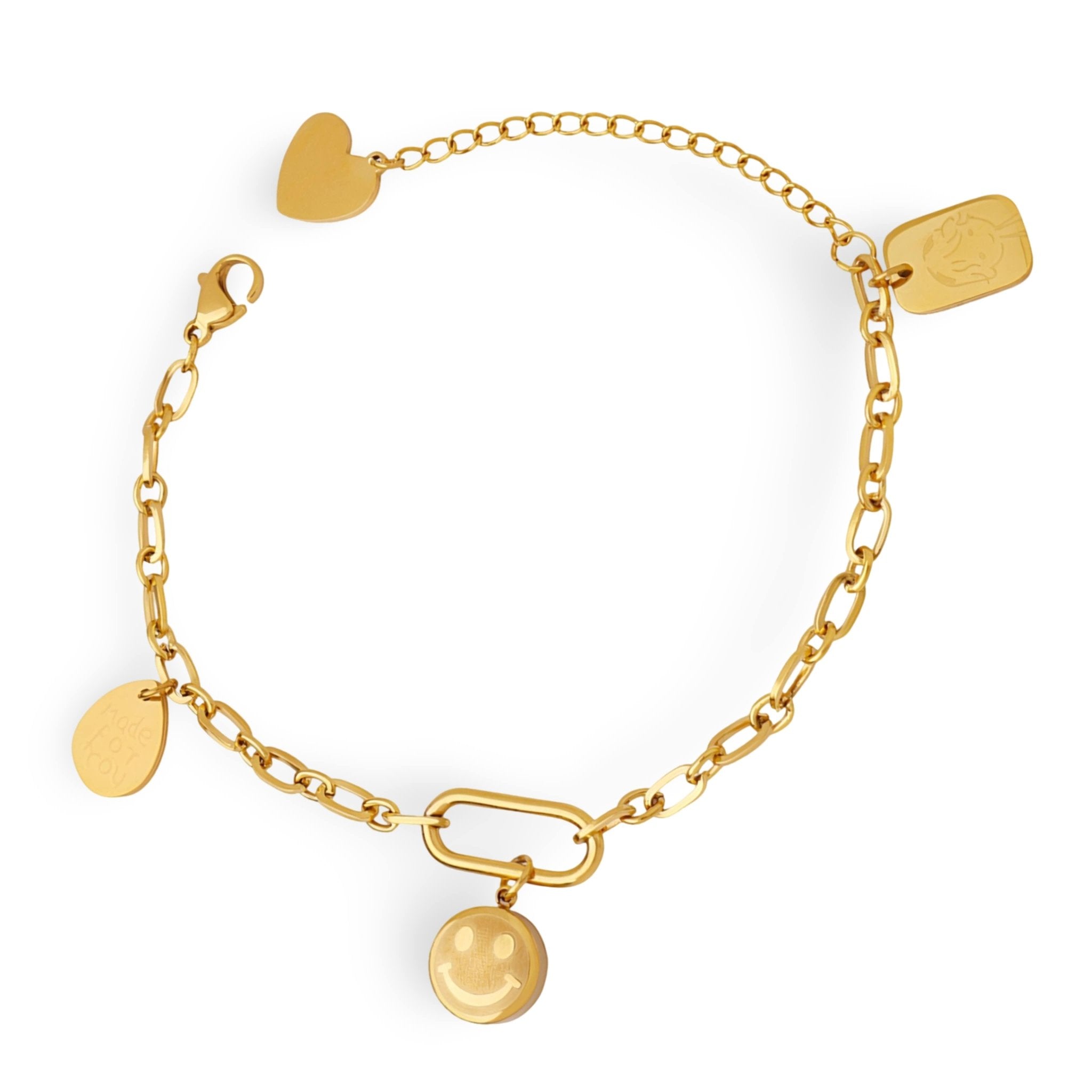 Bracelet en titane plaqué or 18 carats avec chaînette, cœur, pastille et médaillon rond gravé sourire.