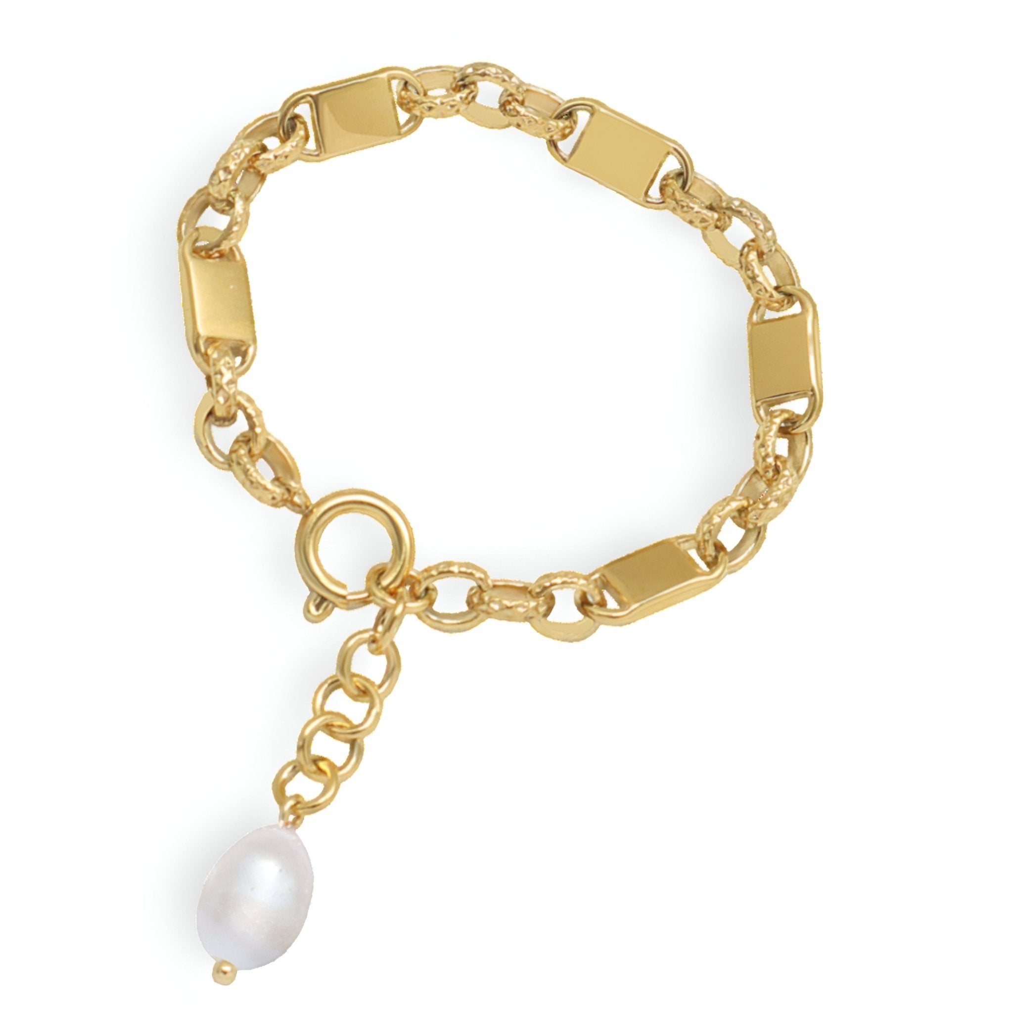 Bracelet en titane plaqué or 18 carats avec chaîne à maillons larges et perle naturelle pendante blanche.