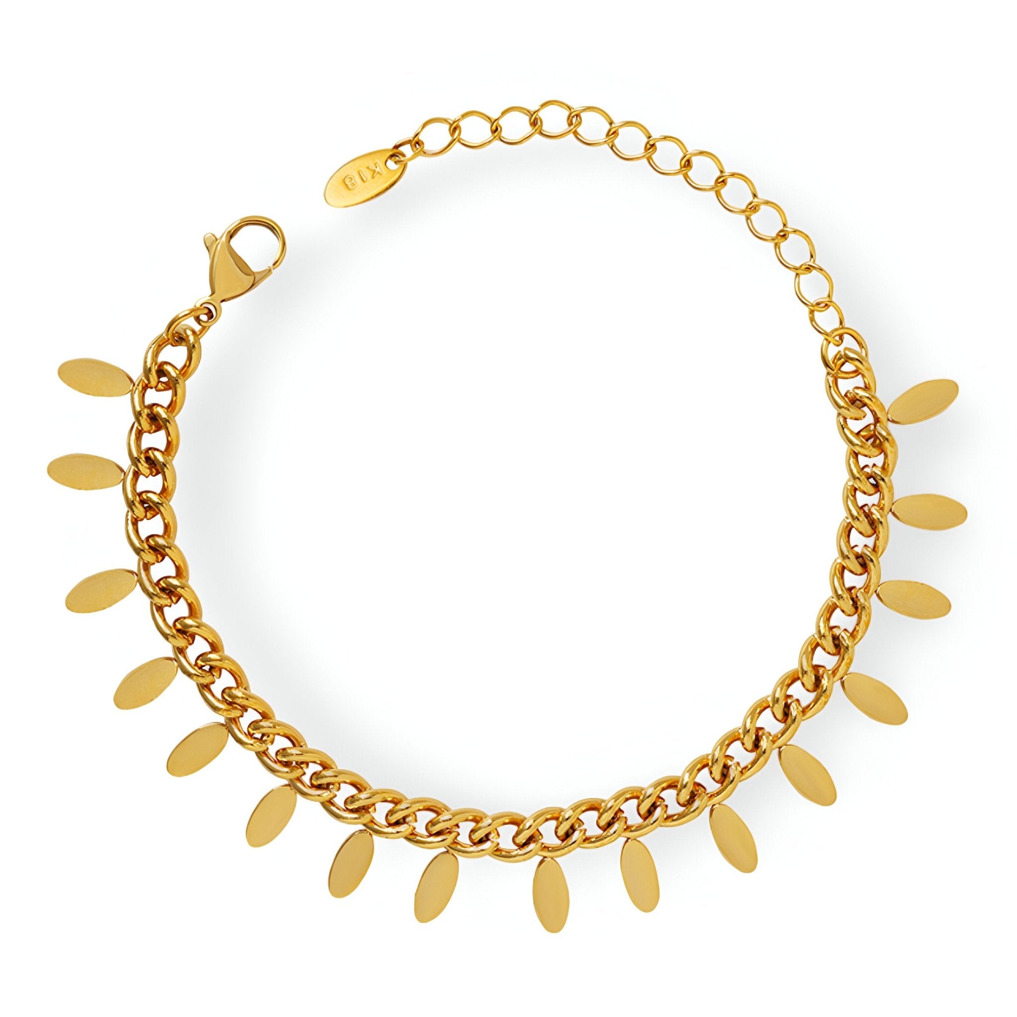 Bracelet chaîne en titane plaqué or 18 carats avec petits médaillons ovales suspendus.