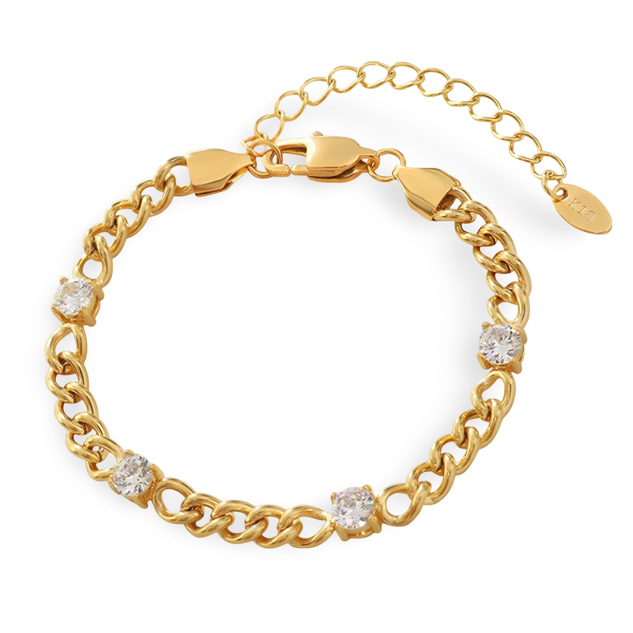 Bracelet fin en titane plaqué or 18 carats avec quatre zircons brillants et chaîne à maillons.