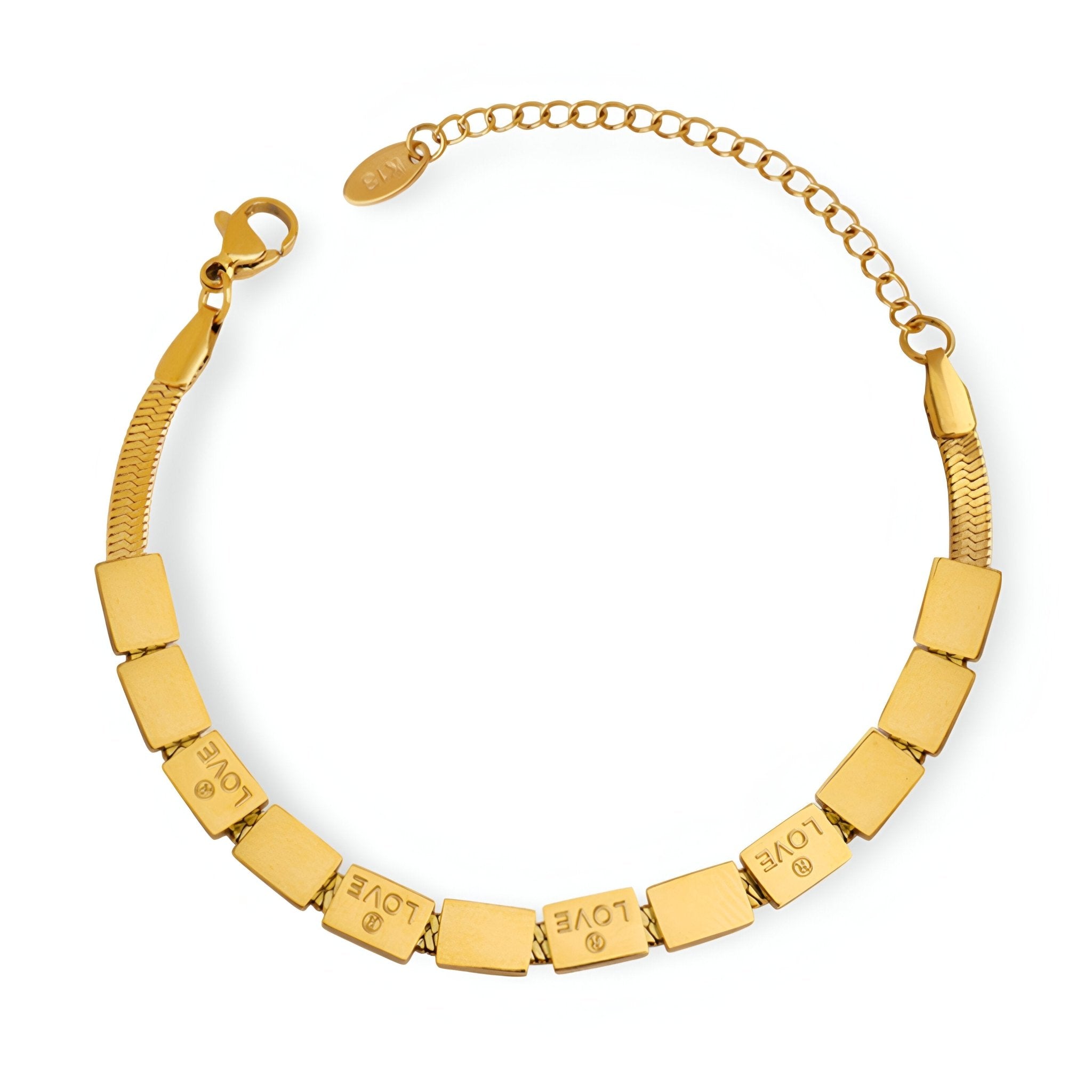 Bracelet en titane plaqué or 18 carats avec maillons carrés gravés "Love" finition lisse.