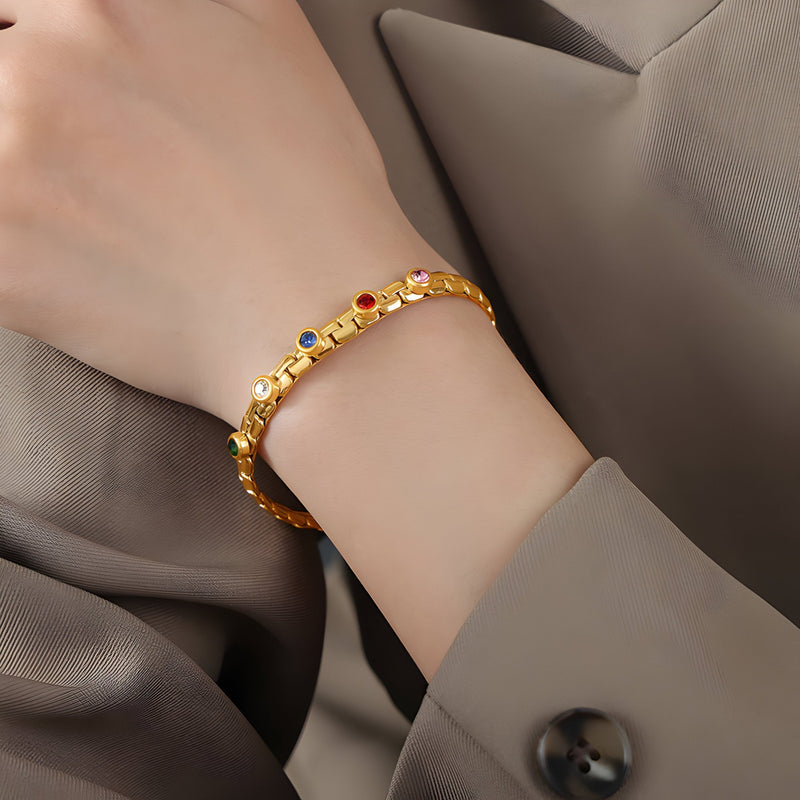 Vergulde titanium armband ingelegd met gekleurde zirkonia's, model Daisy