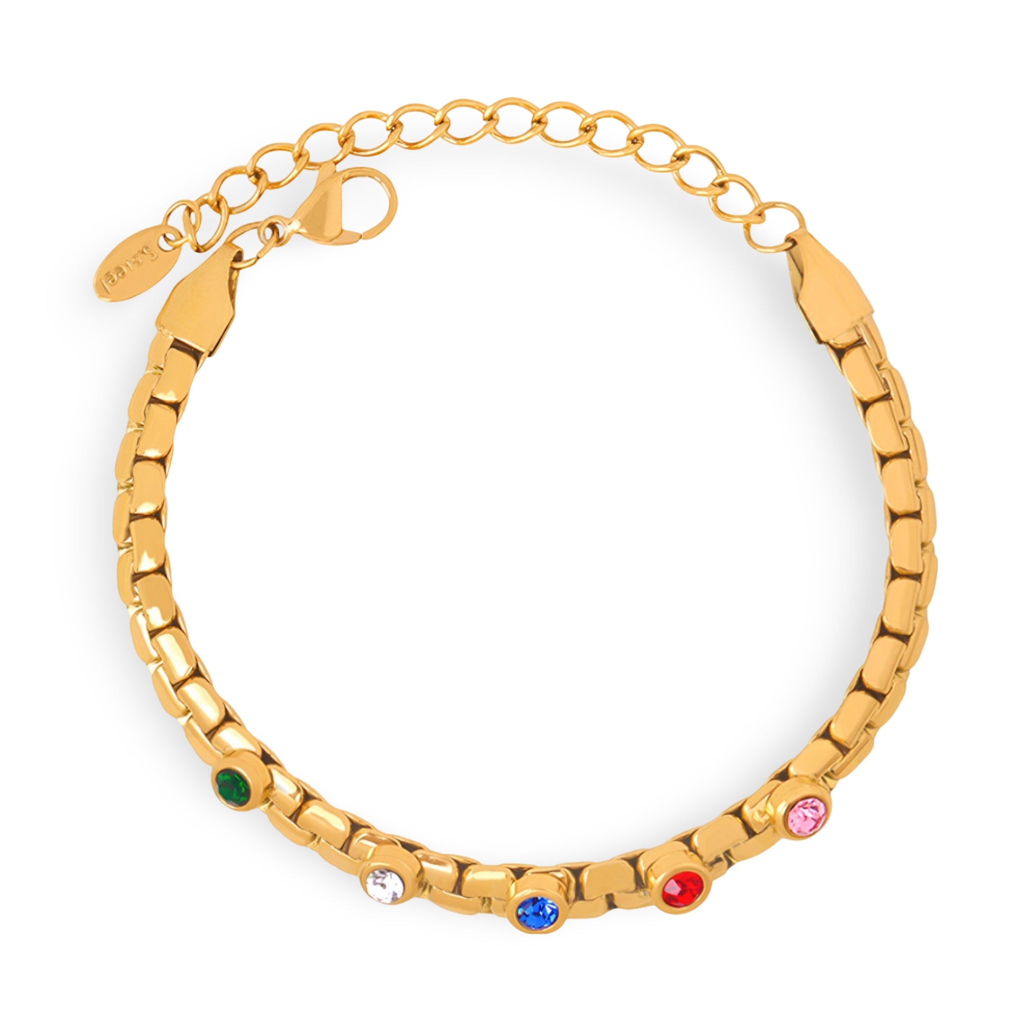 Bracelet en titane plaqué or avec maillons larges et pierres de zircons colorées incrustées, modèle Daisy.