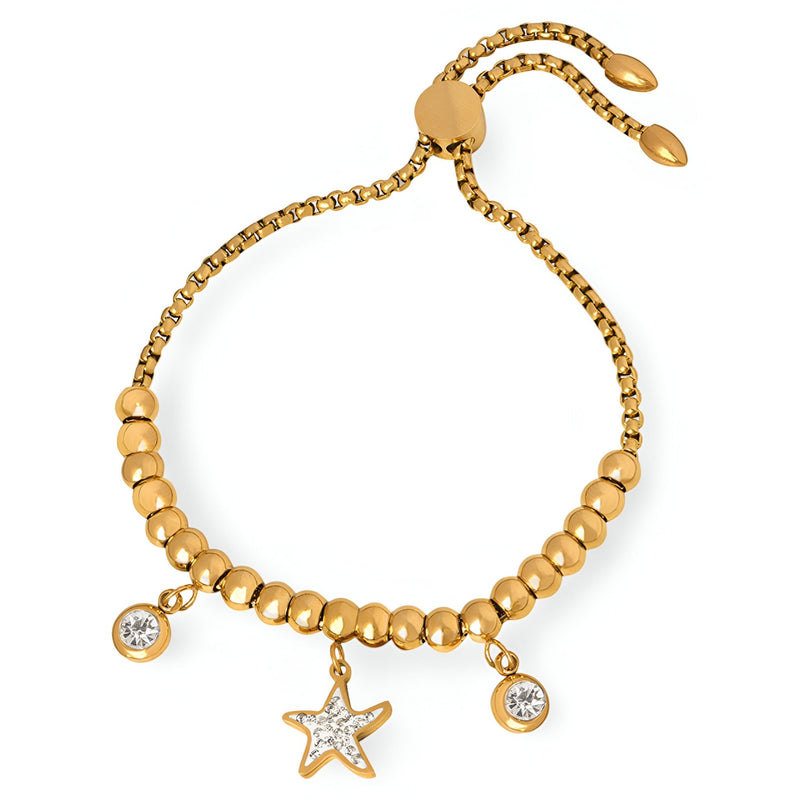 Bracelet en titane plaqué or avec médaillons étoiles et pierres brillantes, modèle Stella.