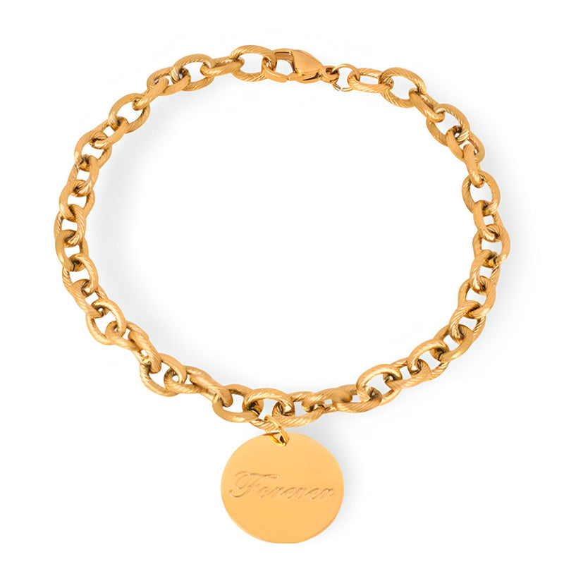 Bracelet en titane plaqué or avec chaîne maillons ronds et médaillon gravé "Forever".