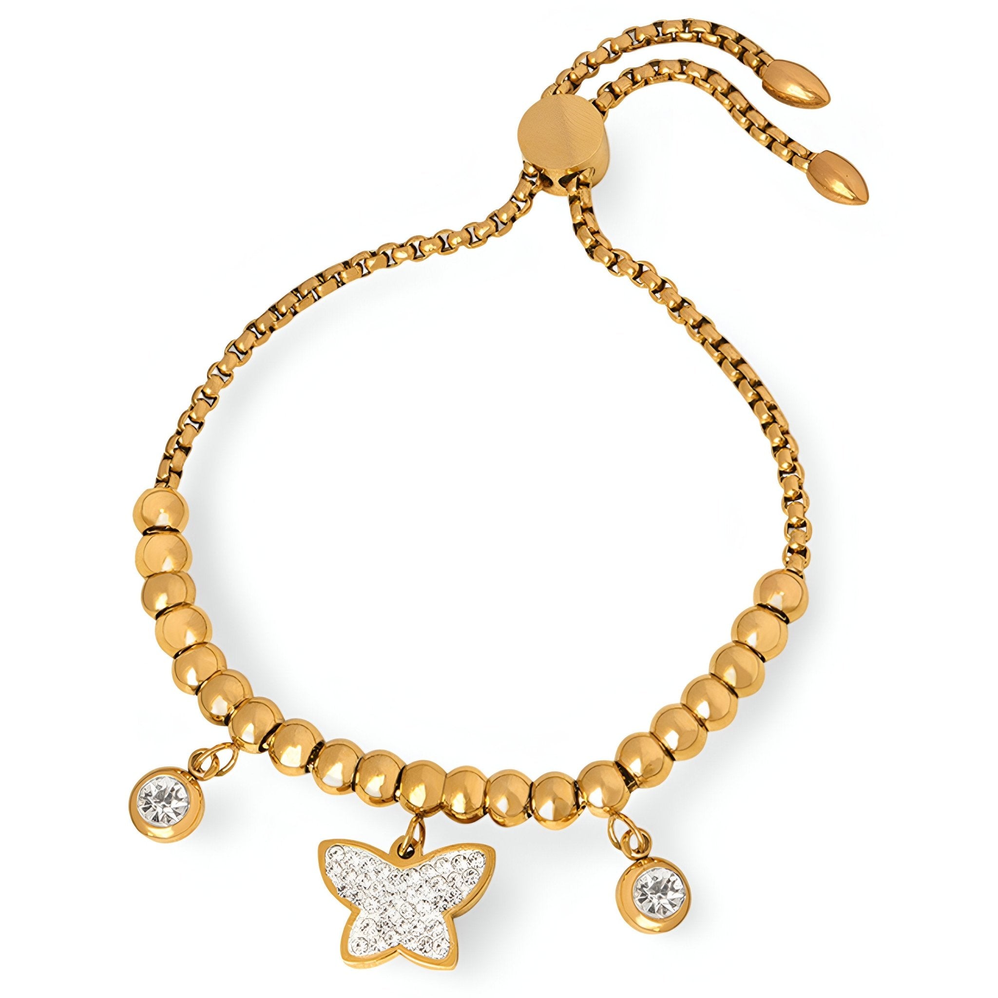 Bracelet en titane plaqué or à boules, médaille papillon pailletée et deux pendentifs strass, modèle réglable.