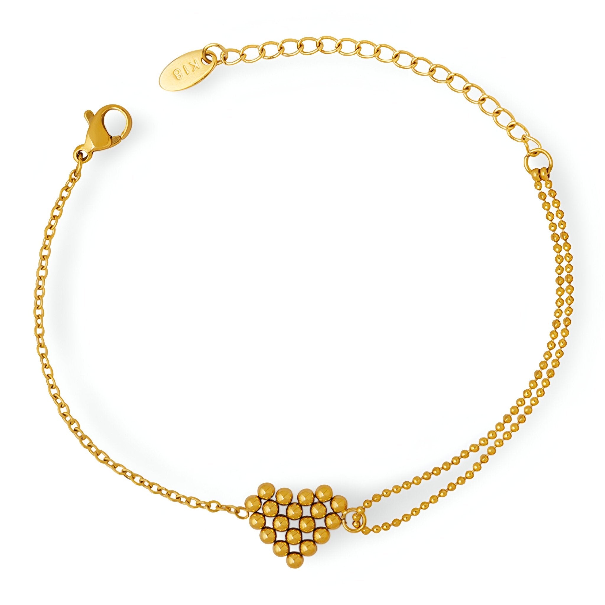 Bracelet en titane plaqué or avec motif cœur formé de perles délicates et chaîne fine ajustable.