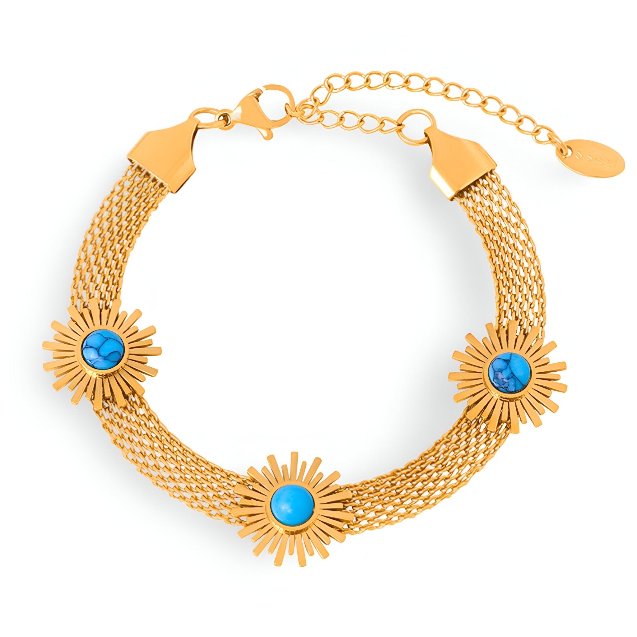 Bracelet en titane plaqué or à motif fleurs avec trois pierres turquoises rondes et chaîne ajustable.