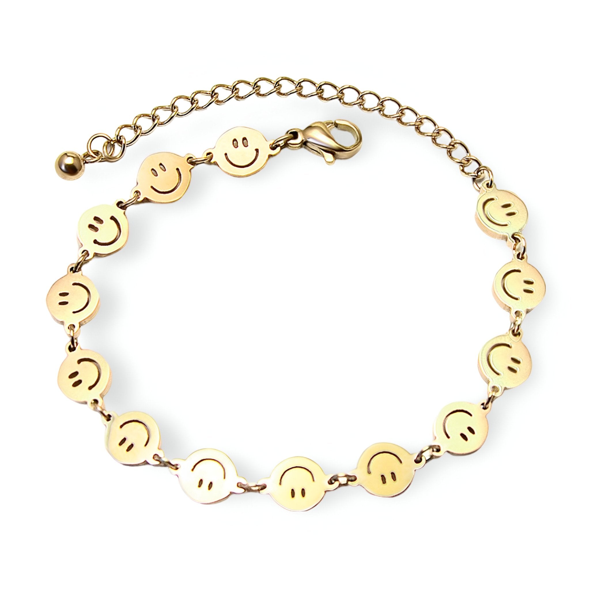 Bracelet en titane plaqué or avec motifs smileys ronds et fermoir mousqueton, modèle Dania.