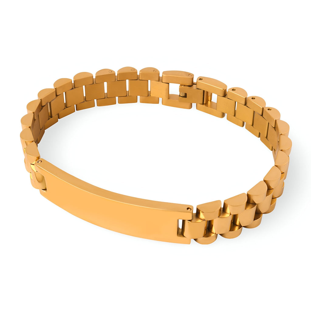 Bracelet gourmette en titane plaqué or style montre avec maillons larges et plaque lisse personnalisable.